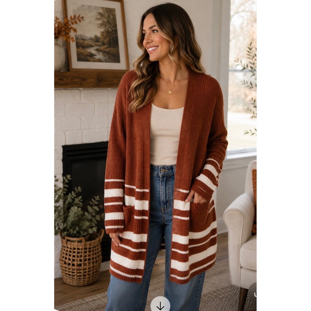 Gypsy Cloud Rust Orange White Striped Open Front Longline Cardigan Sweater L